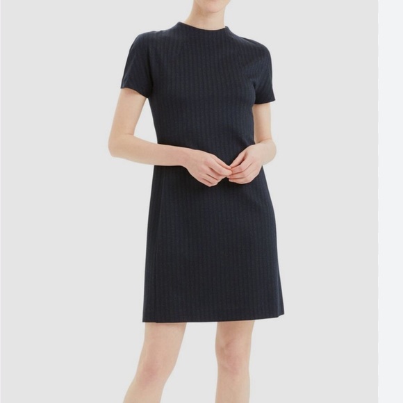 Theory Dresses & Skirts - Theory Shift Dress Women L Blue Navy Striped Short Sleeve Mock Neck Classic